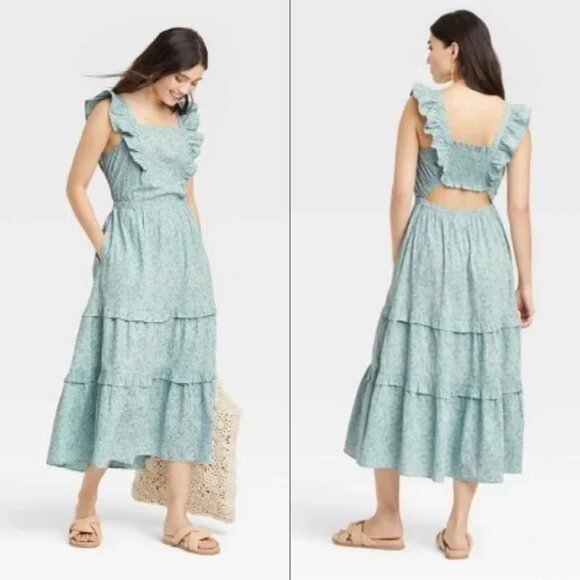 Universal Thread Dresses & Skirts - Universal Thread Floral Tiered Blue Midi Dress Womens Medium Boho Cottagecore